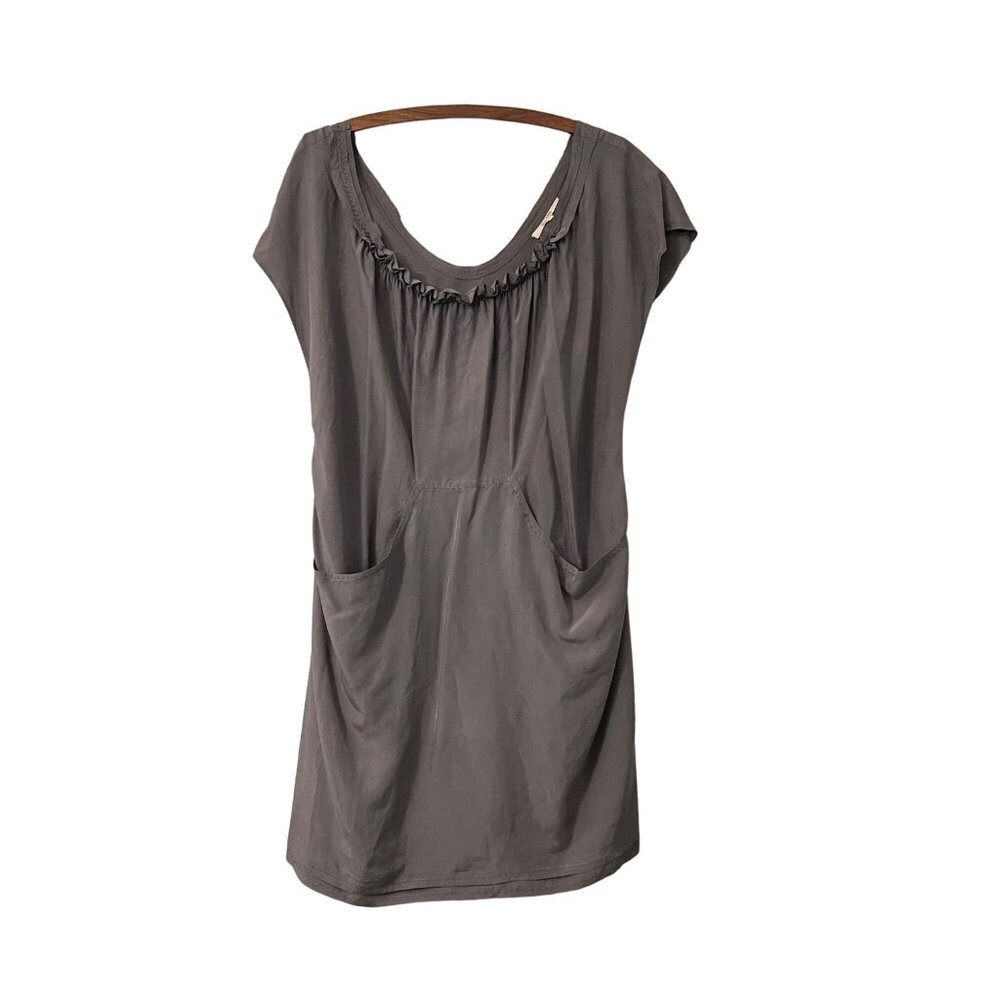 Bel Air Womens Taupe Gray Flowy Silk Ruffle Neckline Dress Size Medium